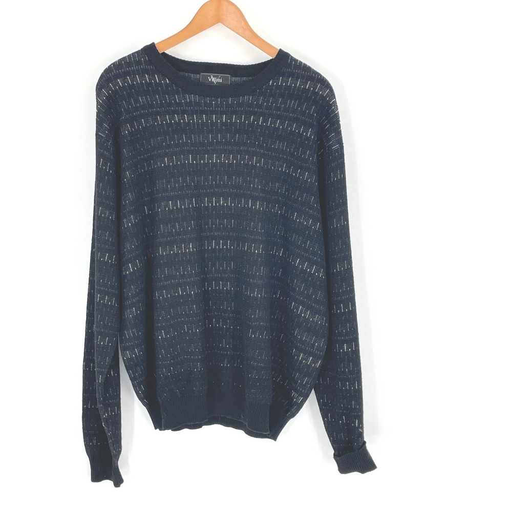 Villini Men Sweater Large Merino Wool Black Textured Dash Knit Crewneck